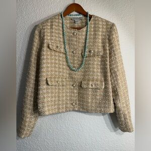 Rachel Zoe Tweed Boucle Beige Gold Cream Sz Large Jacket Embellished Blazer